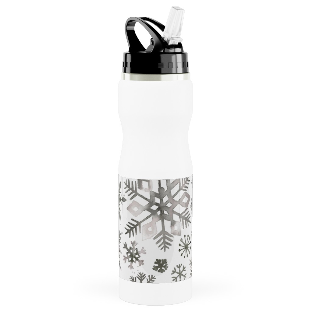 Winter Snowflakes - Gray Stainless Steel Water Bottle with Straw, 25oz, With Straw, Gray