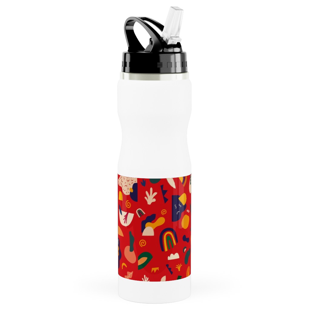 Seamless Pattern - Red Stainless Steel Water Bottle with Straw, 25oz, With Straw, Red