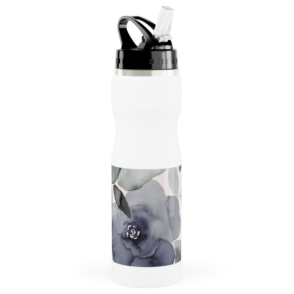 Wintery Watercolor Flower Bouquets - Navy Stainless Steel Water Bottle with Straw, 25oz, With Straw, Blue
