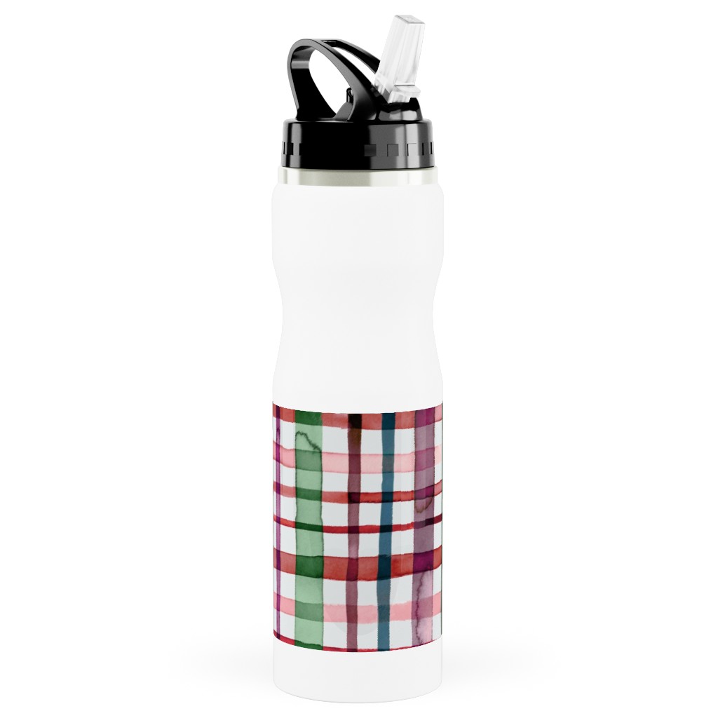 Watercolor Gingham - Red and Green Stainless Steel Water Bottle with Straw, 25oz, With Straw, Multicolor