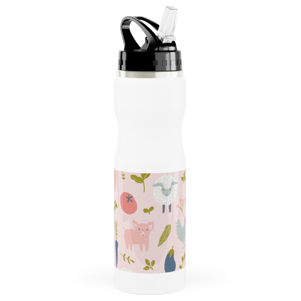 Farm Life - Pink Stainless Steel Water Bottle with Straw, 25oz, With Straw, Pink