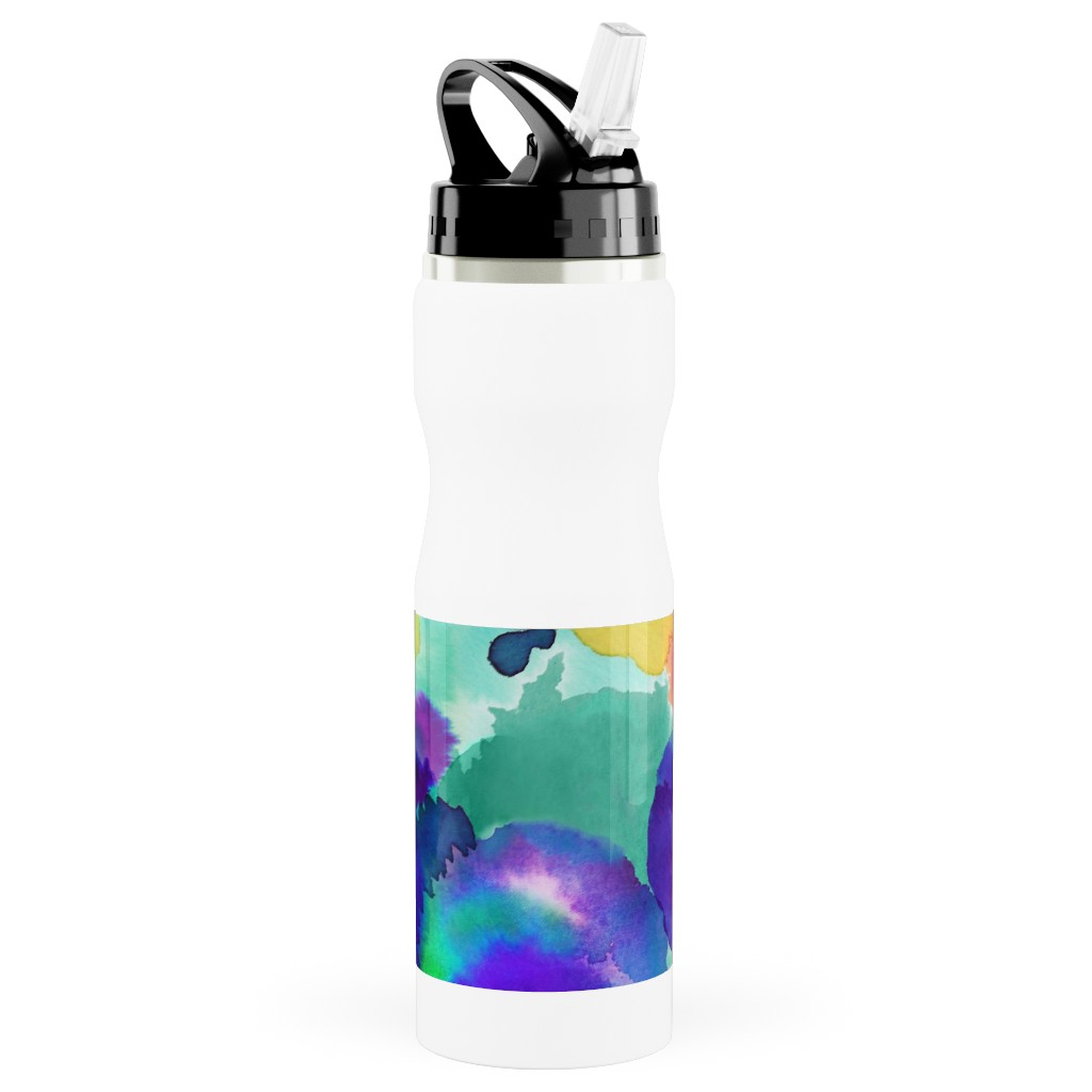 Abstract Floral Watercolor - Multi Stainless Steel Water Bottle with Straw, 25oz, With Straw, Multicolor