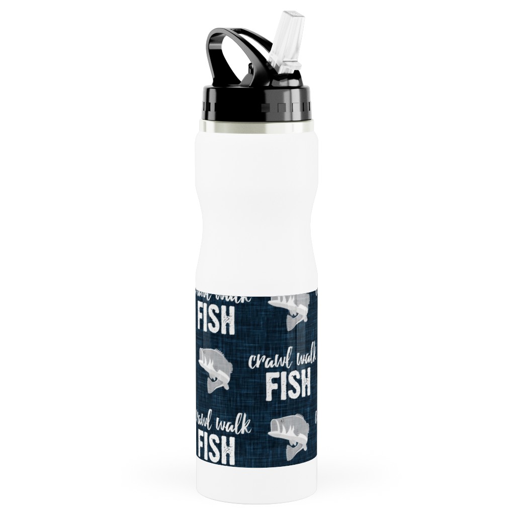 Crawl Walk Fish - Bass Fishing - Navy Blue and Grey Stainless Steel Water Bottle with Straw, 25oz, With Straw, Blue, True Blue