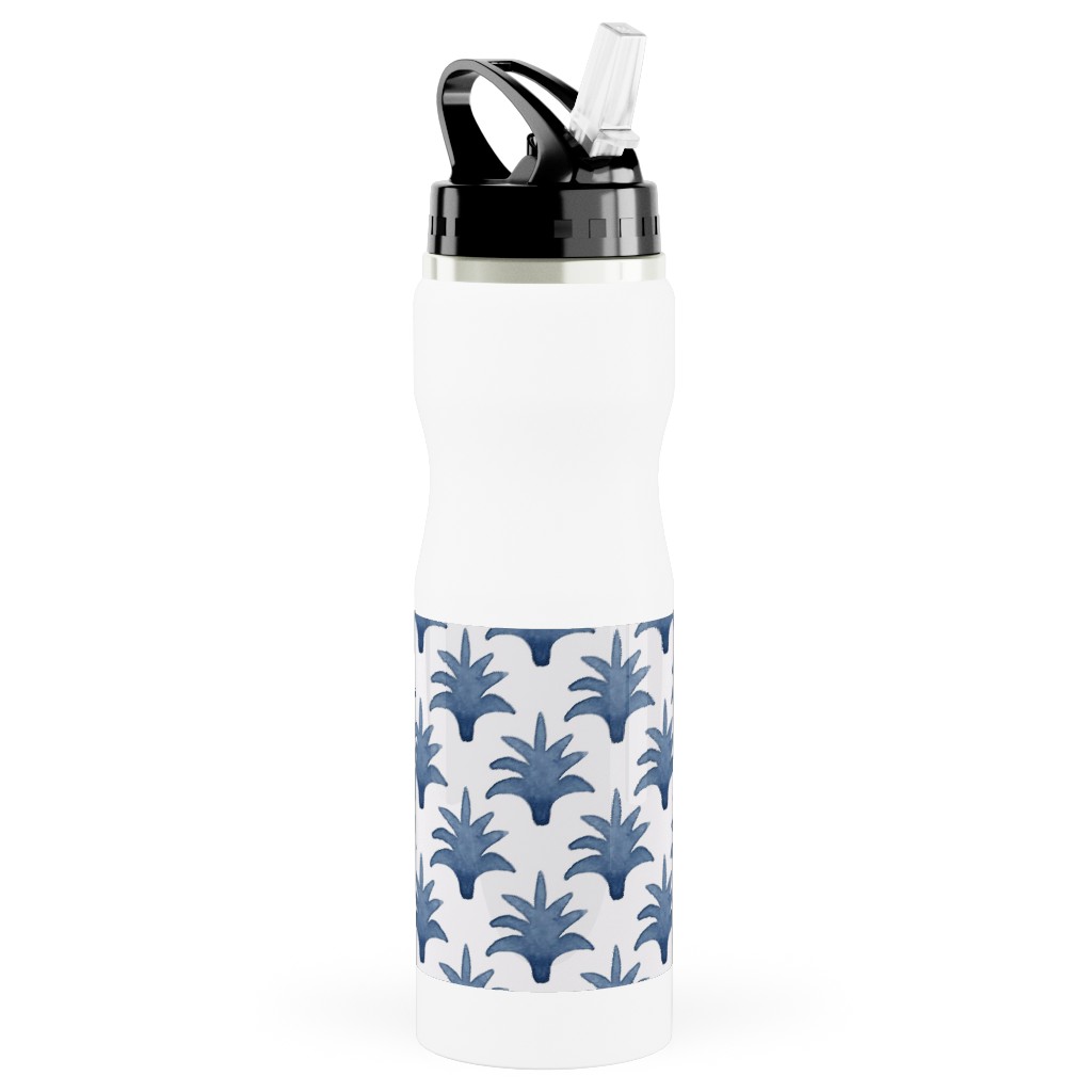 Pinecone - Indigo on Cream Stainless Steel Water Bottle with Straw, 25oz, With Straw, Blue, True Blue