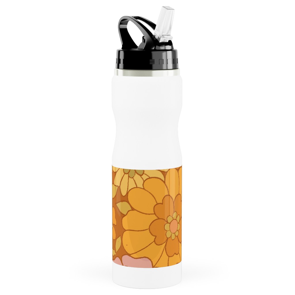 Avery Retro Floral Stainless Steel Water Bottle with Straw, 25oz, With Straw, Orange