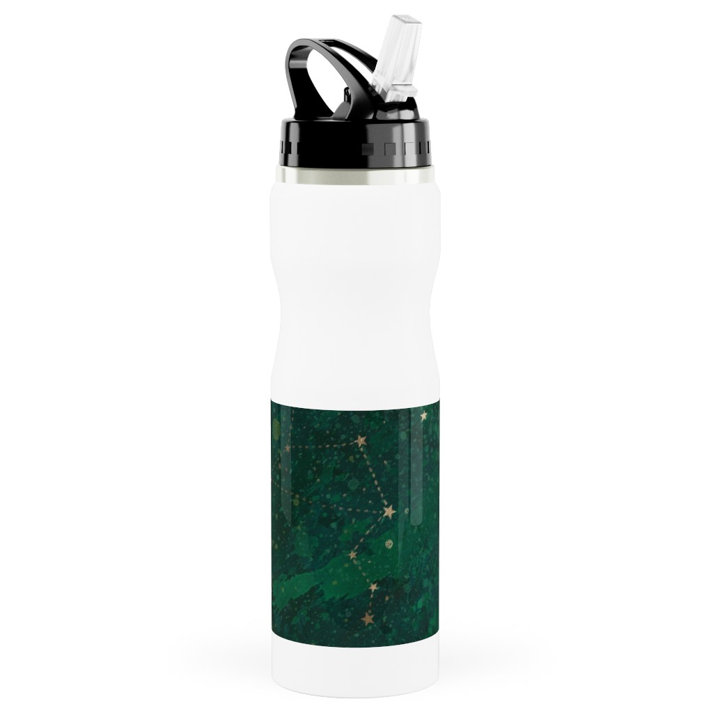 Moon and Stars - Green Stainless Steel Water Bottle with Straw, 25oz, With Straw, Green