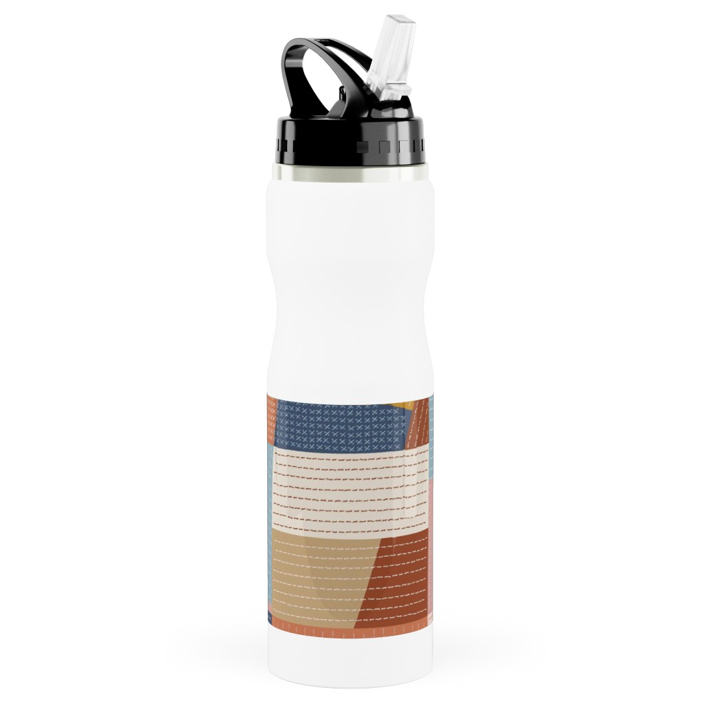 Modern Patchwork - Multi Stainless Steel Water Bottle with Straw, 25oz, With Straw, Multicolor