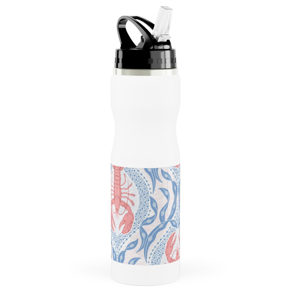 Lobster and Seaweed Nautical Damask - White, Coral Pink and Cornflower Blue Stainless Steel Water Bottle with Straw, 25oz, With Straw, Blue, True Blue