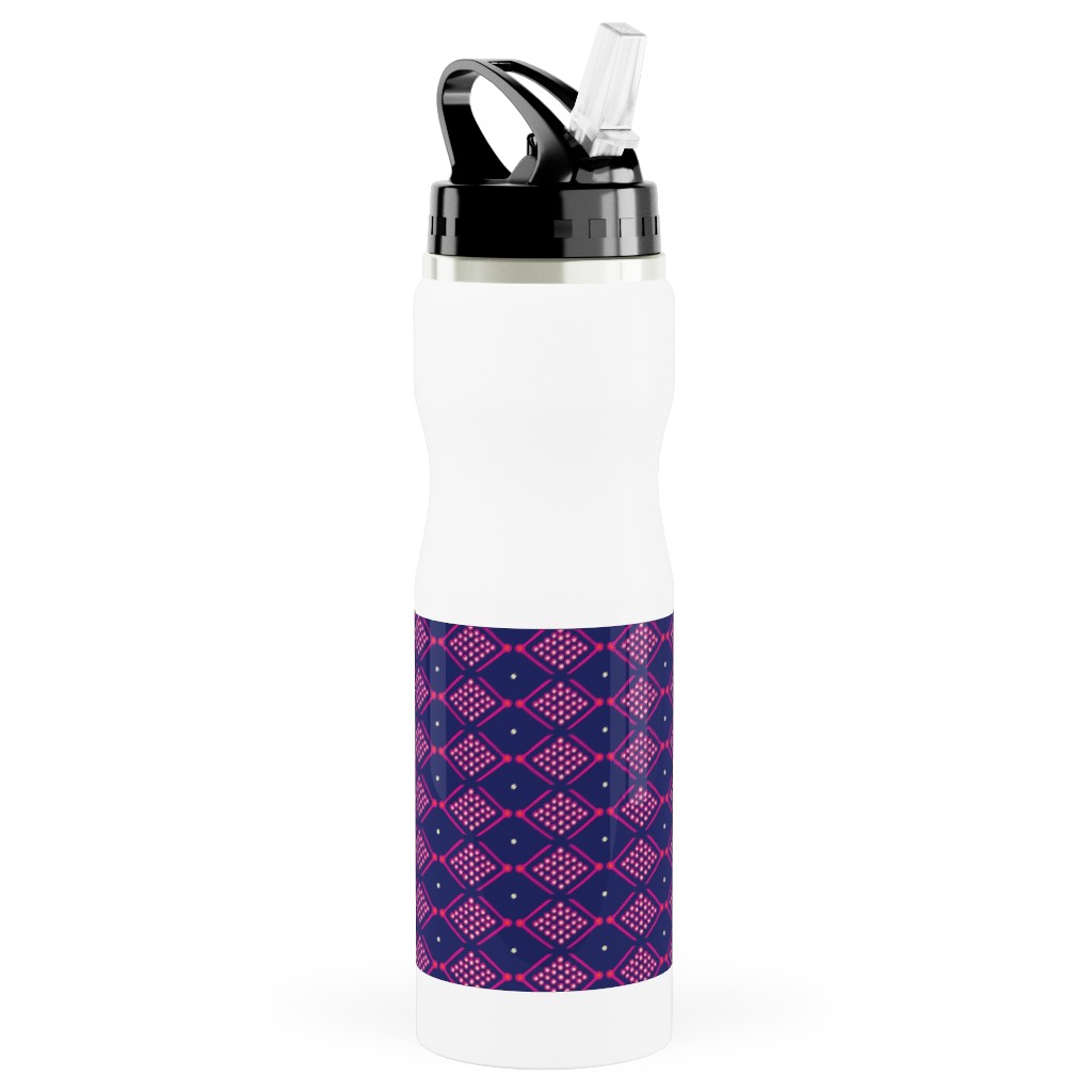 Tribal Geometric - Navy and Purple Stainless Steel Water Bottle with Straw, 25oz, With Straw, Blue