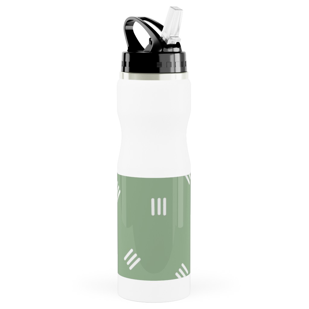 Tossed Groups of Lines - Sage Green Stainless Steel Water Bottle with Straw, 25oz, With Straw, Green, Classic Green