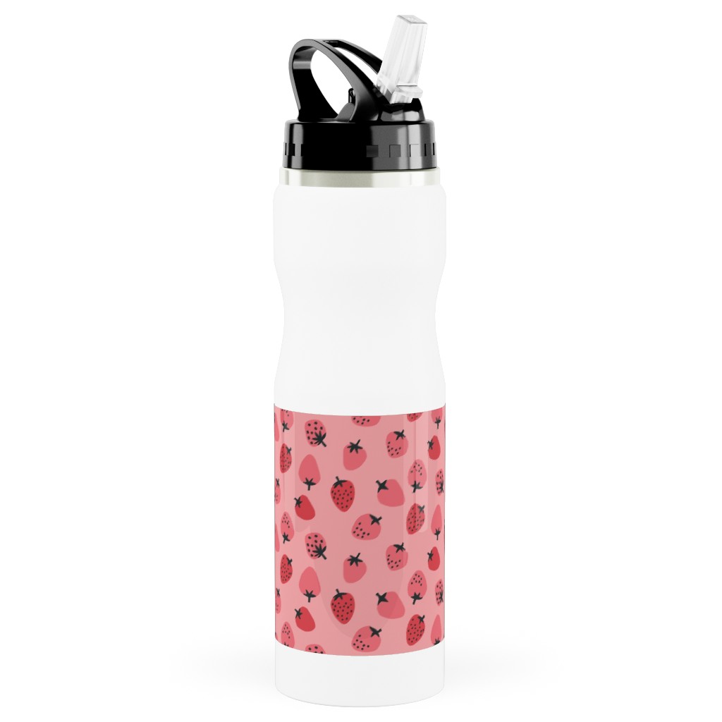 Red Strawberries - Pink Stainless Steel Water Bottle with Straw, 25oz, With Straw, Pink