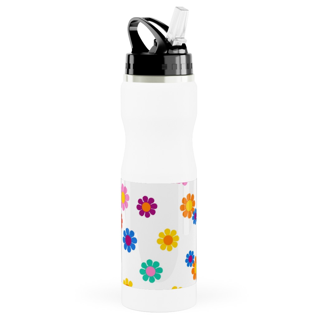 Rainbow Groovy Flowers Stainless Steel Water Bottle with Straw, 25oz, With Straw, Multicolor