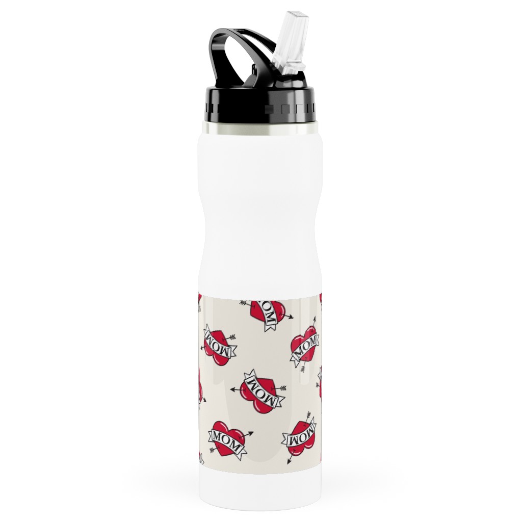 Mom Heart Tattoo - Red on Cream Stainless Steel Water Bottle with Straw, 25oz, With Straw, Red, Red