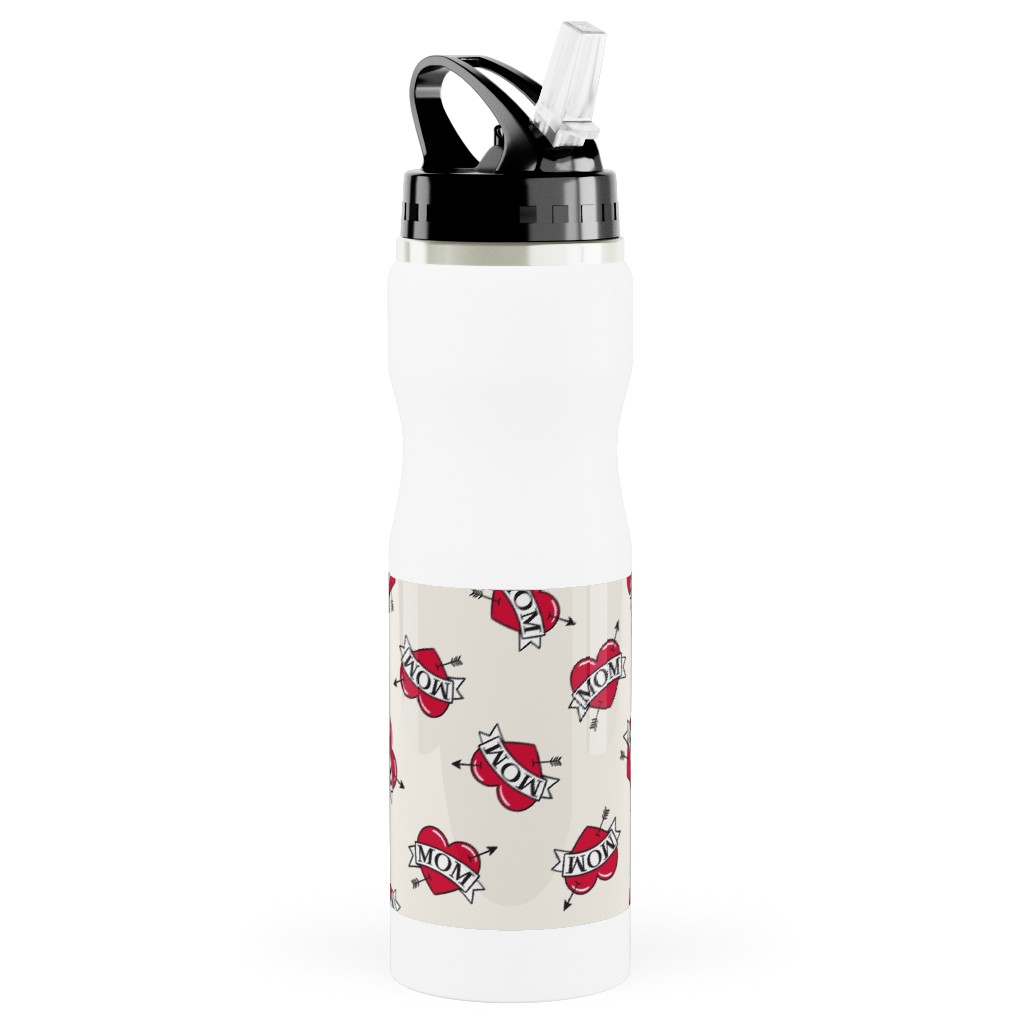 Mom Heart Tattoo - Red on Cream Stainless Steel Water Bottle with Straw, 25oz, With Straw, Red