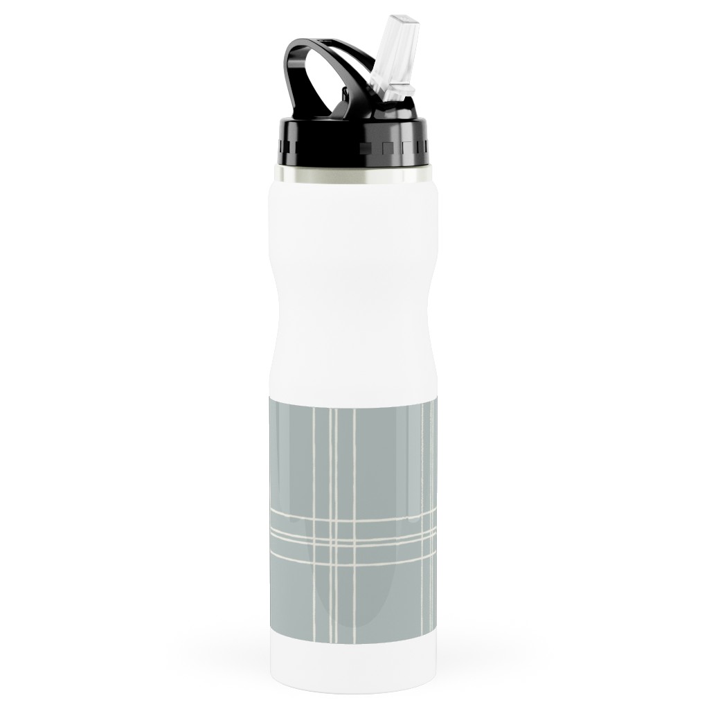 Lined Linens - Quad Plaid - Ivory, Blue Stainless Steel Water Bottle with Straw, 25oz, With Straw, Blue