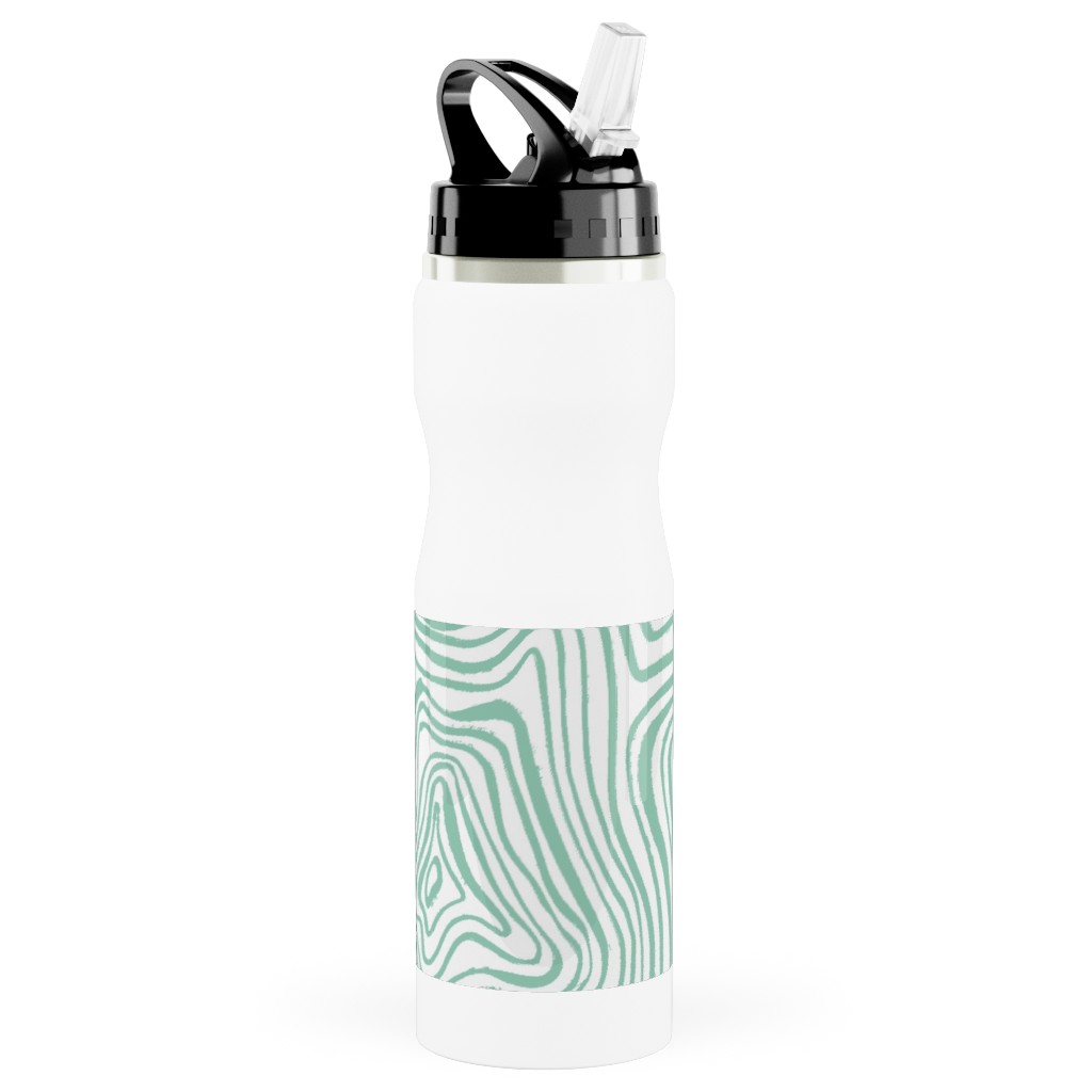 Abstract Wavy Lines - Green Stainless Steel Water Bottle with Straw, 25oz, With Straw, Green