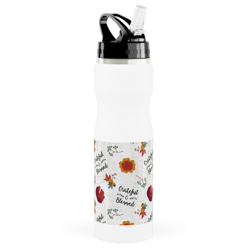 Grateful & Blessed Stainless Steel Water Bottle with Straw, 25oz, With Straw, Multicolor