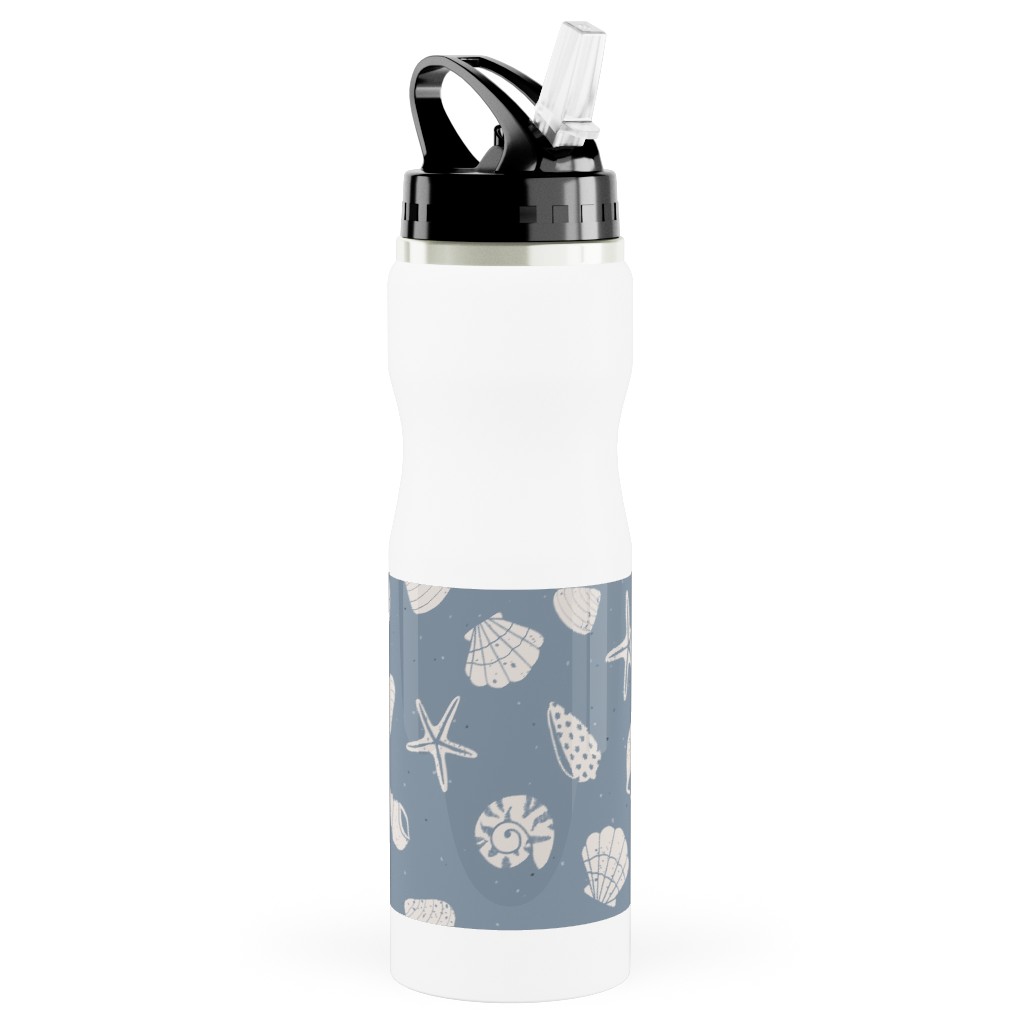 Seashells Summer Beach - Dusty Blue Stainless Steel Water Bottle with Straw, 25oz, With Straw, Blue