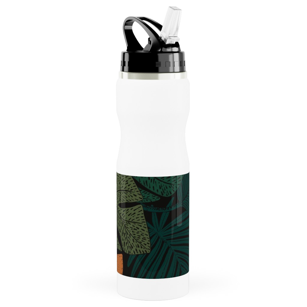 Moody Tropical Floral - Orange on Black Stainless Steel Water Bottle with Straw, 25oz, With Straw, Green, Classic Green