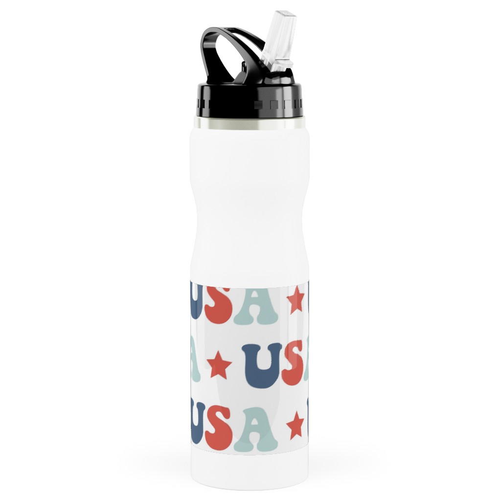 Usa Groovy Vintage - White Stainless Steel Water Bottle with Straw, 25oz, With Straw, Multicolor