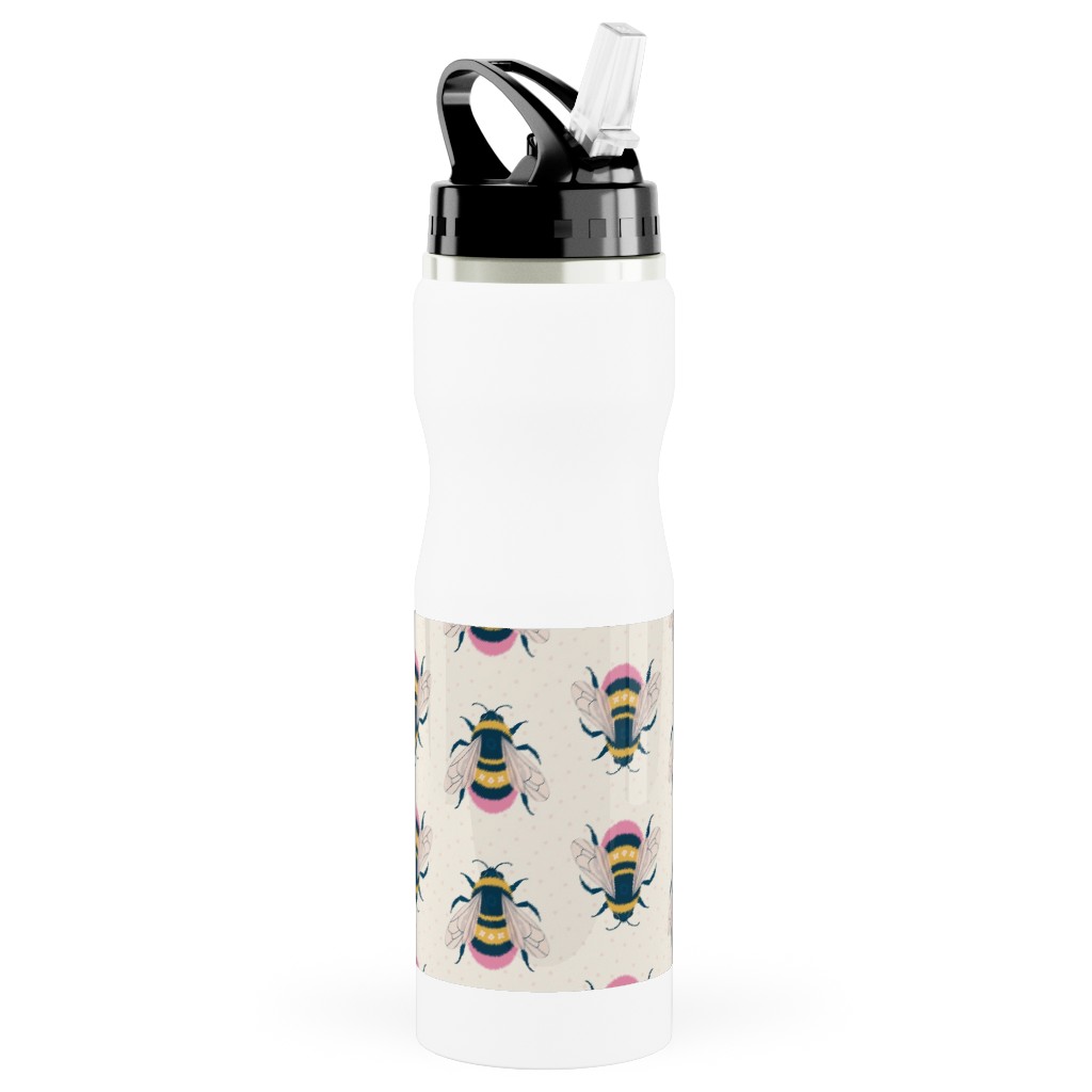 Bumblebee - Pink on Cream Stainless Steel Water Bottle with Straw, 25oz, With Straw, Beige, Pearl