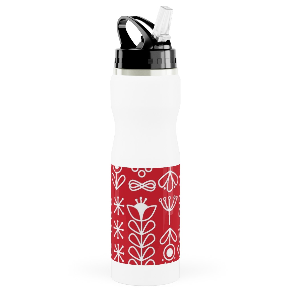 Red and White Nordic Mod Floral Stainless Steel Water Bottle with Straw, 25oz, With Straw, Red