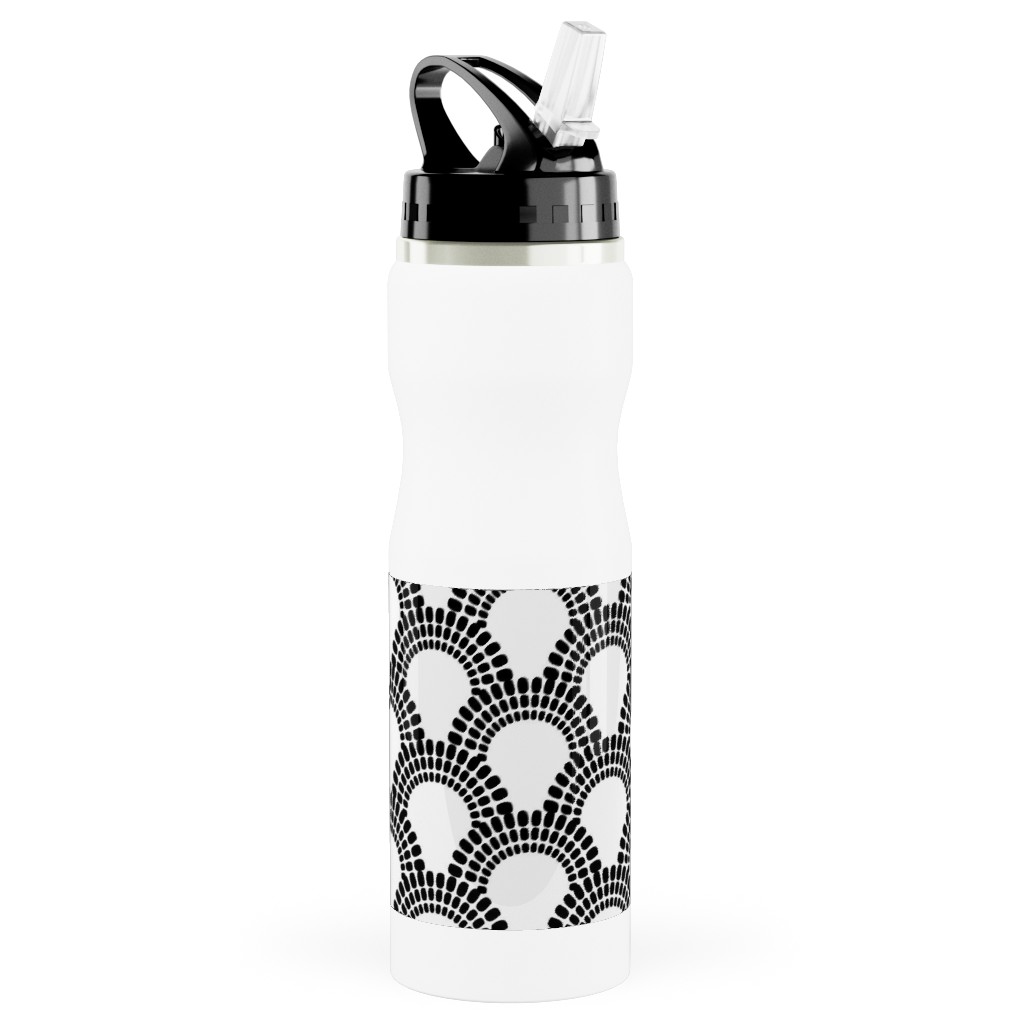 Scallops - Black and White Stainless Steel Water Bottle with Straw, 25oz, With Straw, Black