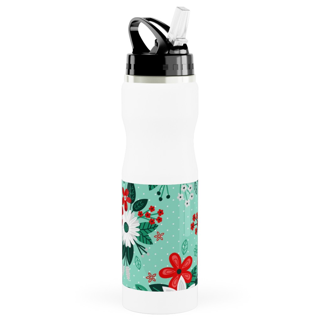 Holiday Floral Bouquet Stainless Steel Water Bottle with Straw, 25oz, With Straw, Green
