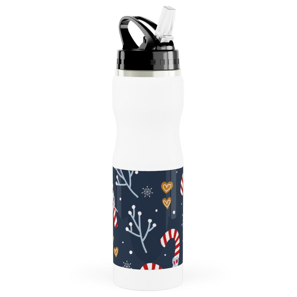 Candy Canes and Gingerbread Hearts Stainless Steel Water Bottle with Straw, 25oz, With Straw, Blue, True Blue