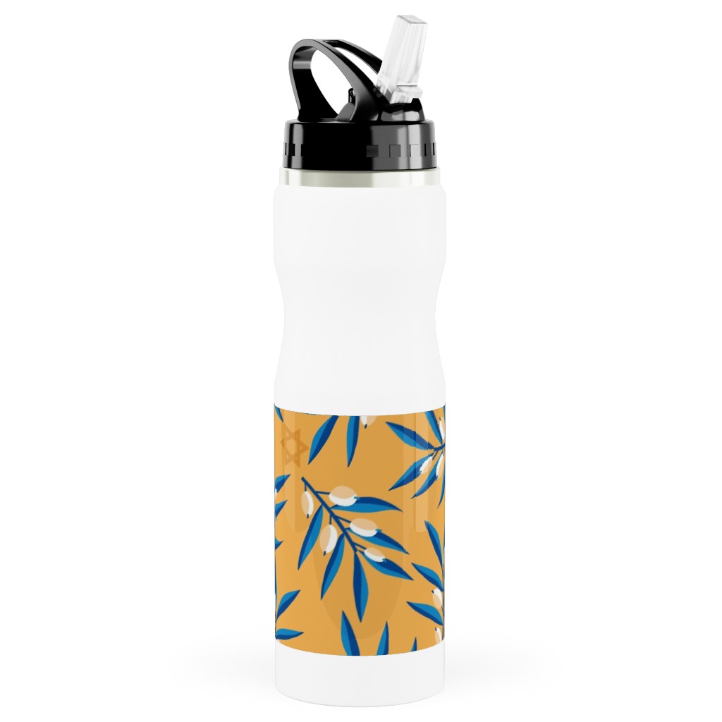 Olive Branches Hanukkah - Blue on Yellow Stainless Steel Water Bottle with Straw, 25oz, With Straw, Yellow
