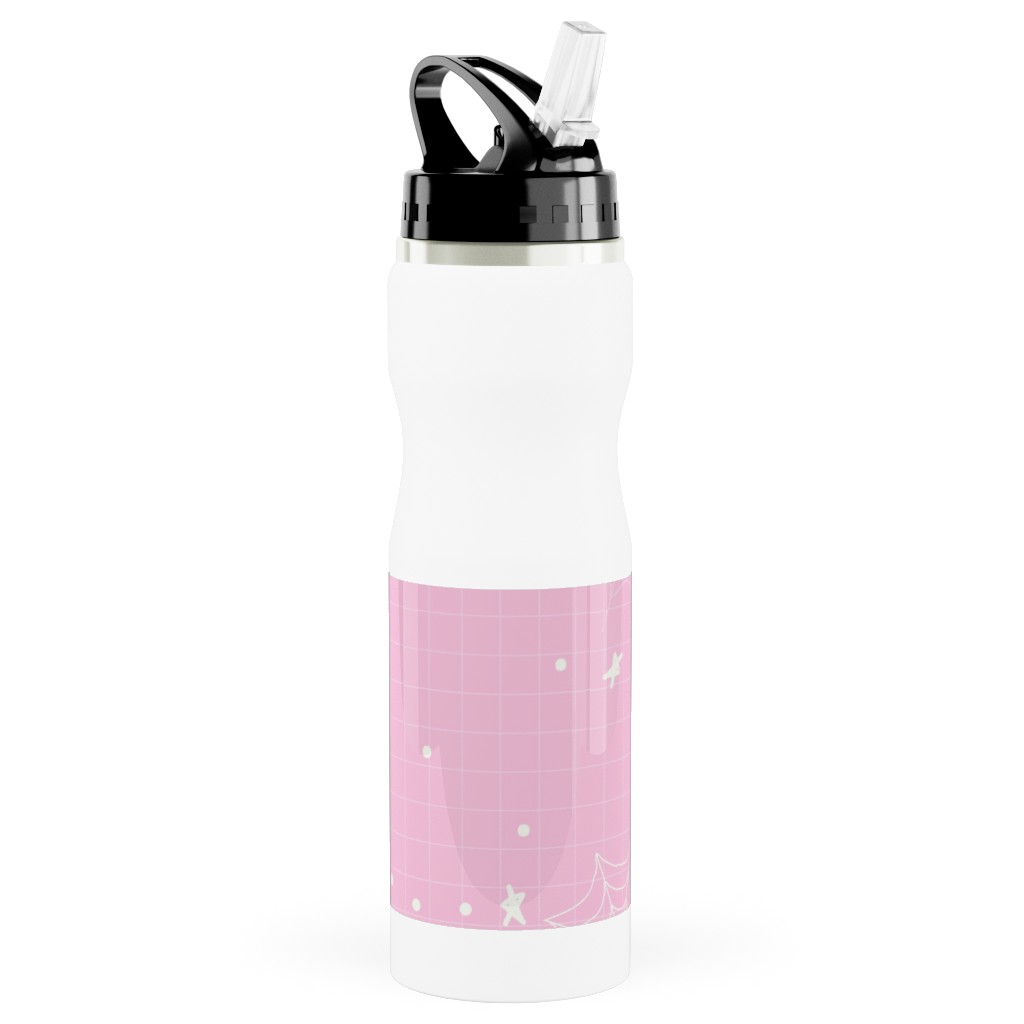 Pastel Halloween Web and Spider - Pink Stainless Steel Water Bottle with Straw, 25oz, With Straw, Pink, Bright Pink