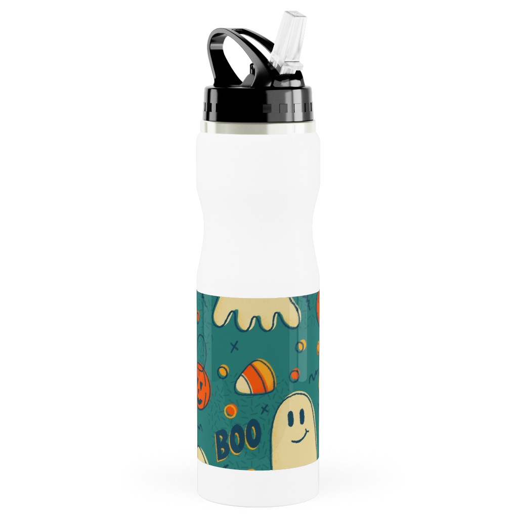 Candy Corn and Ghosts - Green Stainless Steel Water Bottle with Straw, 25oz, With Straw, Multicolor