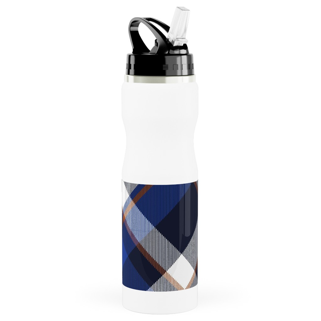 Cora's Plaid - Blue Stainless Steel Water Bottle with Straw, 25oz, With Straw, Blue