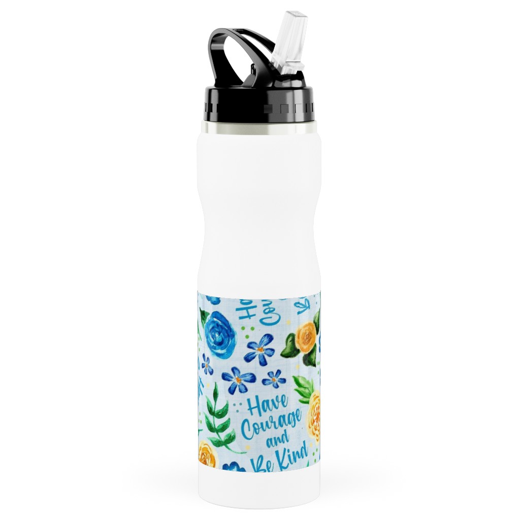Have Courage and Be Kind - Watercolor Floral - Blue and Yellow Stainless Steel Water Bottle with Straw, 25oz, With Straw, Blue
