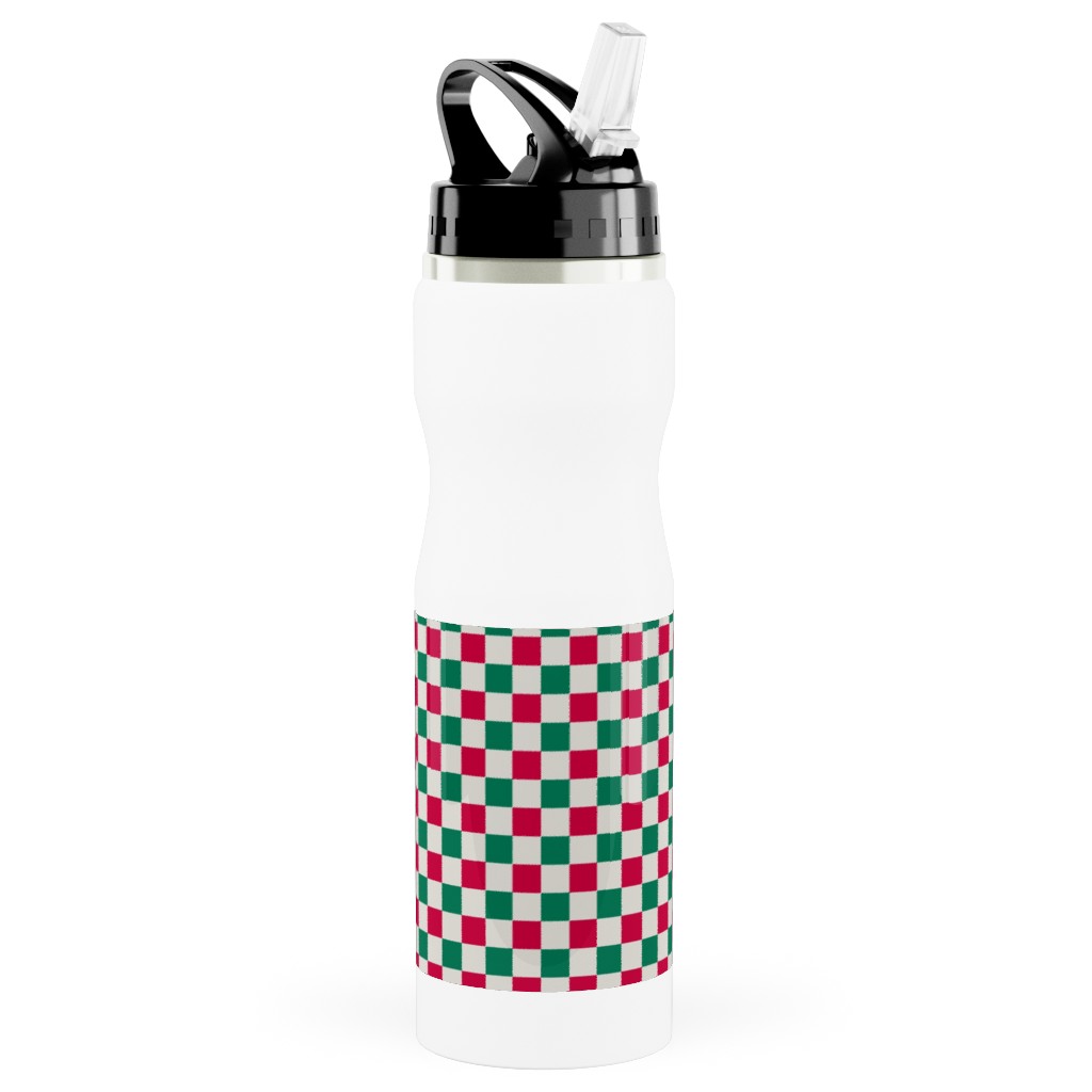 Winter Gingham - Red and Green Stainless Steel Water Bottle with Straw, 25oz, With Straw, Multicolor