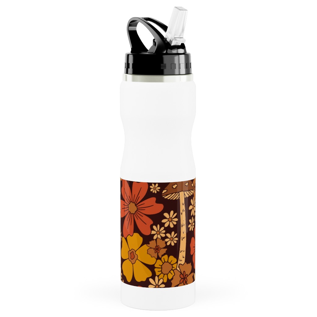 Retro 1970s Mushroom & Flowers - Brown and Orange Stainless Steel Water Bottle with Straw, 25oz, With Straw, Orange