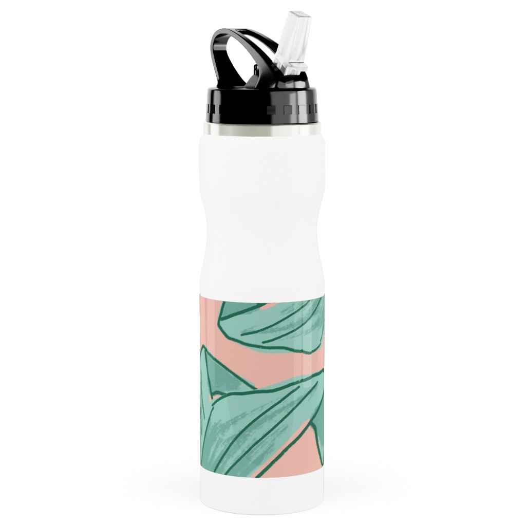 Lush Tropical Leaves - Pink and Mint Stainless Steel Water Bottle with Straw, 25oz, With Straw, Green, Classic Green