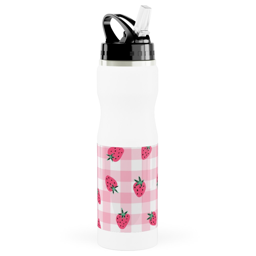 Summer Strawberry Gingham - Pink Stainless Steel Water Bottle with Straw, 25oz, With Straw, Pink