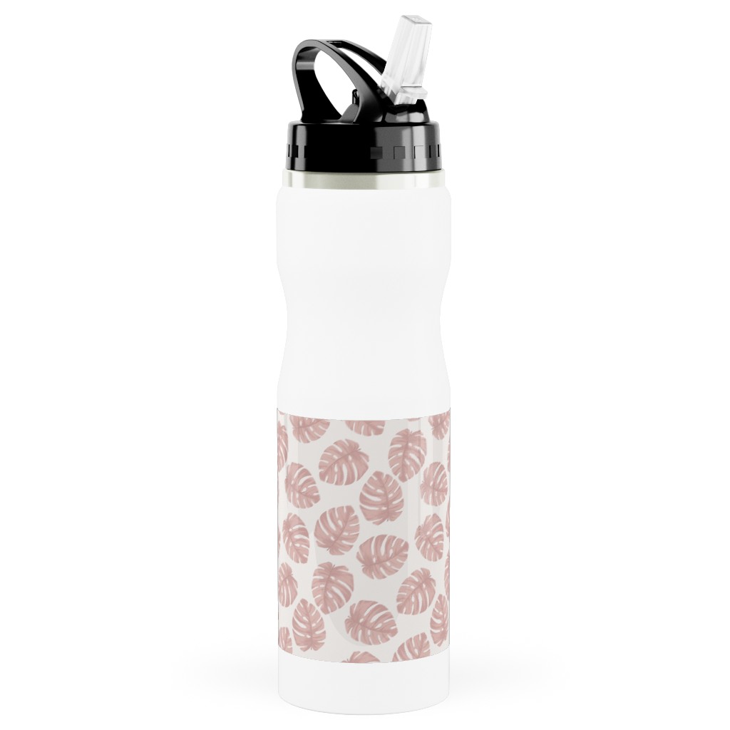 Boho Monstera Leaf - Light Pink on Off White Stainless Steel Water Bottle with Straw, 25oz, With Straw, Pink