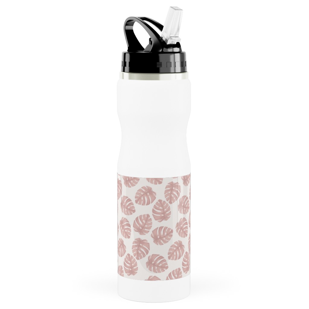 Boho Monstera Leaf - Light Pink on Off White Stainless Steel Water Bottle with Straw, 25oz, With Straw, Pink, Bright Pink