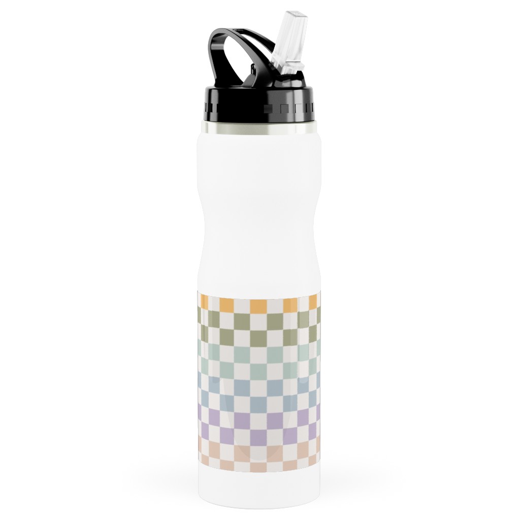 Boho Rainbow Checks Plaid - Multi Stainless Steel Water Bottle with Straw, 25oz, With Straw, Multicolor