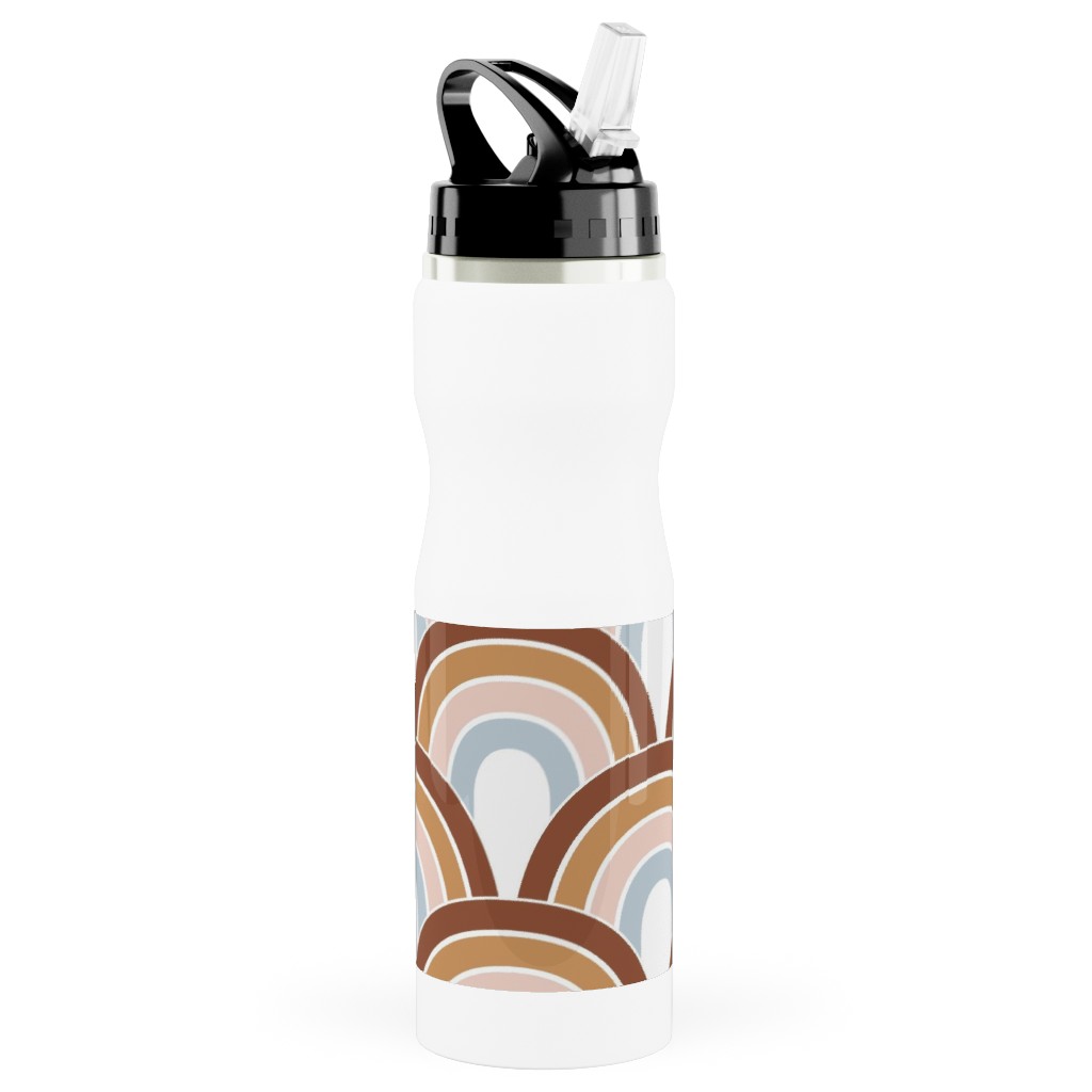 Retro Rainbow Waves - Scales and Curves - Rust Beige Blush Blue on White Stainless Steel Water Bottle with Straw, 25oz, With Straw, Orange, Orange
