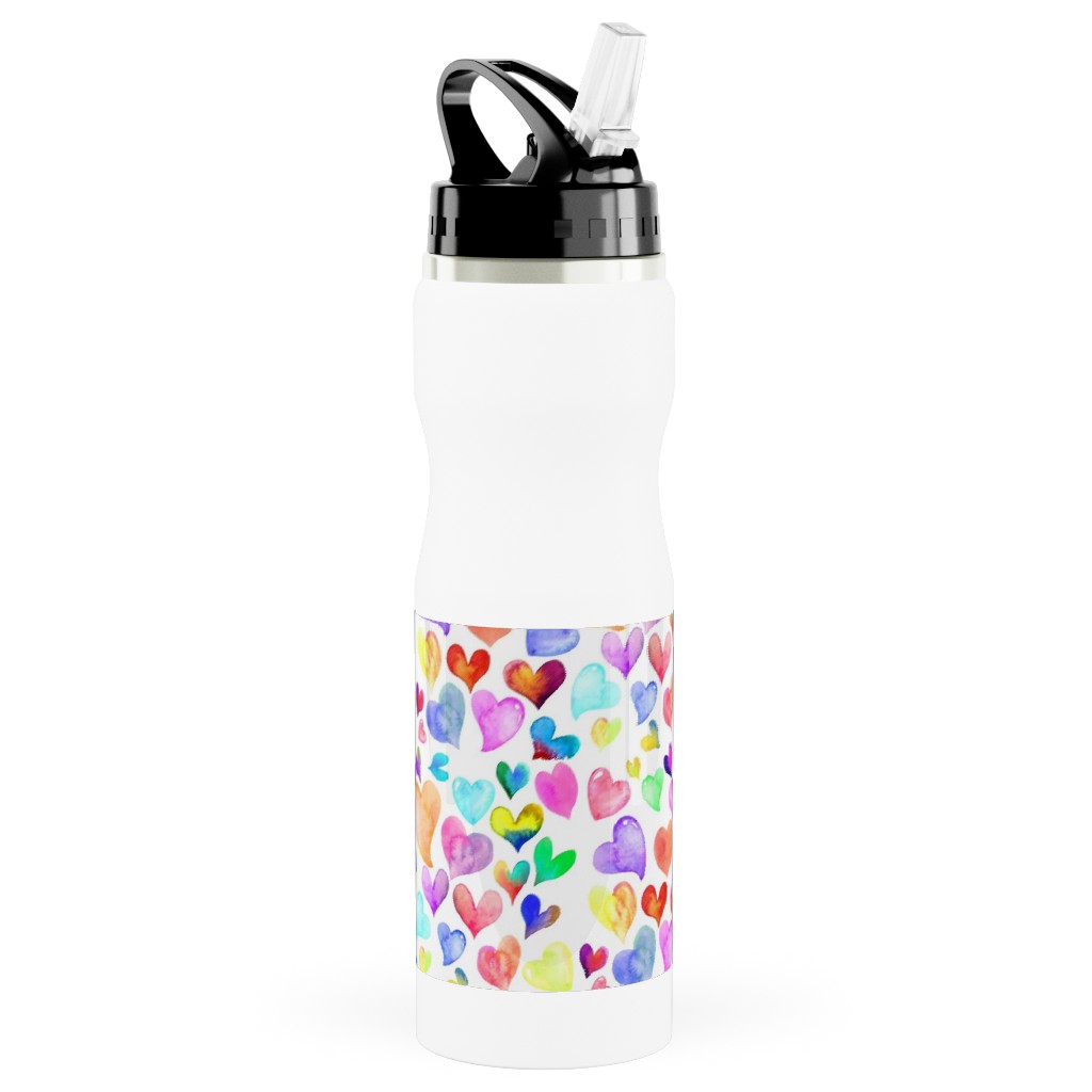 Colorful Watercolor Hearts - Multi on White Stainless Steel Water Bottle with Straw, 25oz, With Straw, Multicolor