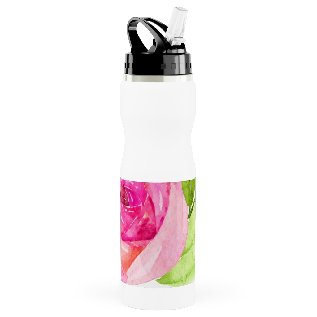 Spring Peonies, Roses, and Poppies - Watercolor Stainless Steel Water Bottle with Straw, 25oz, With Straw, Pink