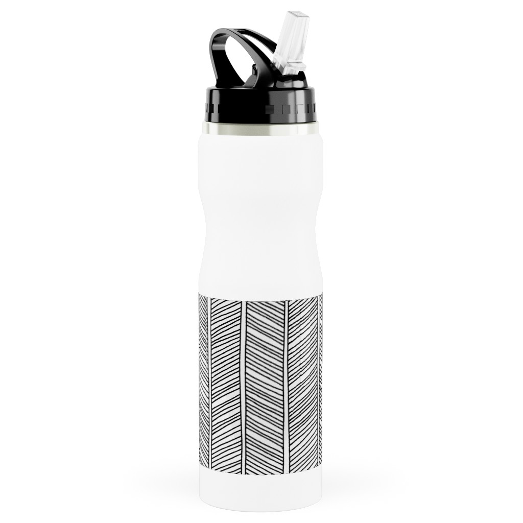 Vines + Lines - Neutral Stainless Steel Water Bottle with Straw, 25oz, With Straw, Black, Black