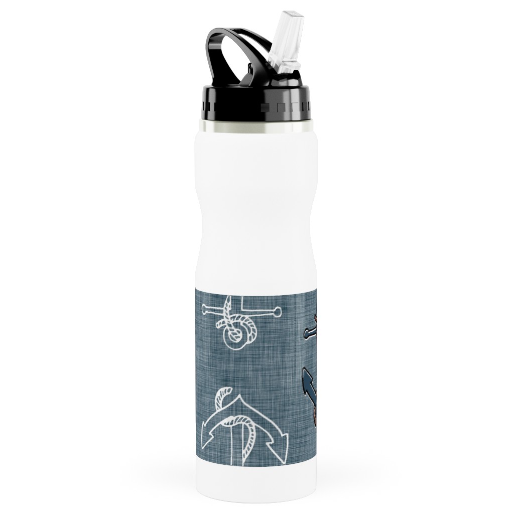 Anchors Away - Textured Blue Stainless Steel Water Bottle with Straw, 25oz, With Straw, Blue
