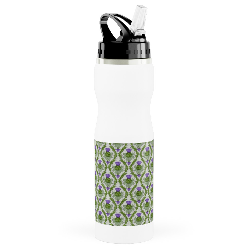 Thistle Damask - Green Stainless Steel Water Bottle with Straw, 25oz, With Straw, Green