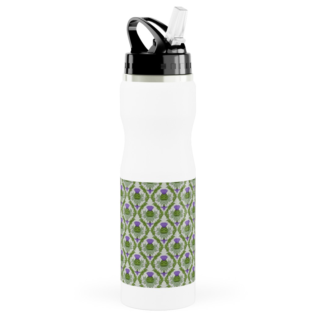 Thistle Damask - Green Stainless Steel Water Bottle with Straw, 25oz, With Straw, Green, Classic Green