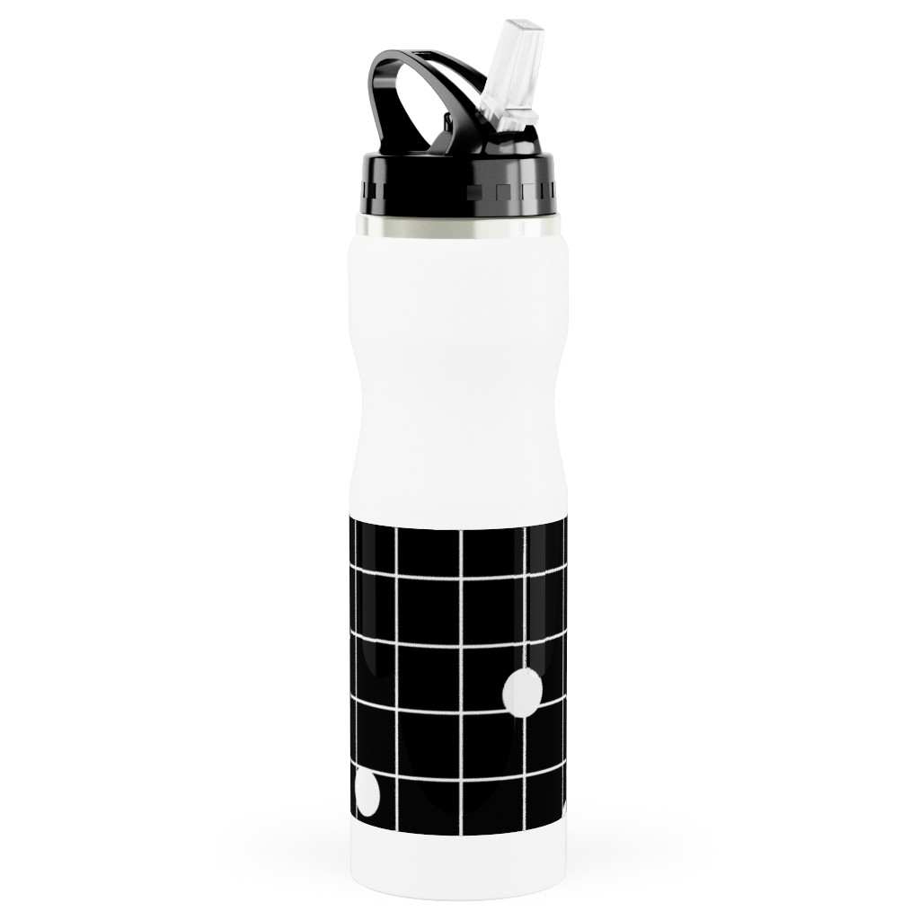 Dot Line - Black and White Stainless Steel Water Bottle with Straw, 25oz, With Straw, Black