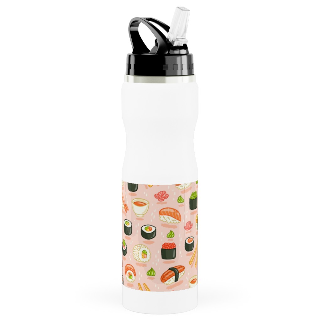 Sushi and Rolls - Pink Stainless Steel Water Bottle with Straw, 25oz, With Straw, Pink